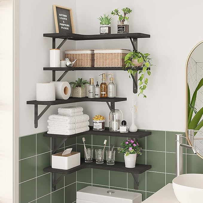 Fixwal Floating Shelves for Wall, Rustic Wood Wall Mounted Corner Shelf for Bathroom, Kitchen, Bedroom, Home Decor, Laundry Room, Living Room, Set of 5 (Black)