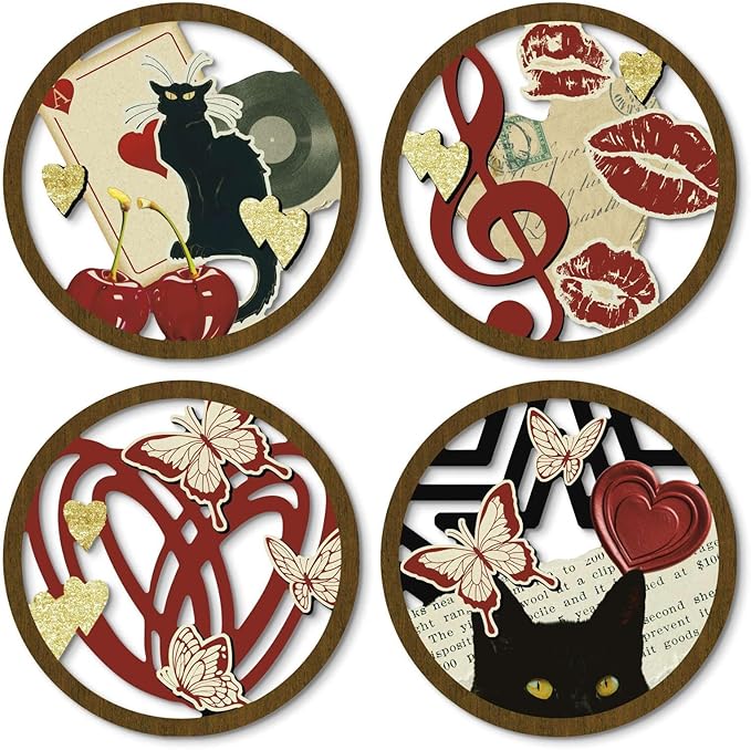 Putuo Decor Boho Wall Decor Set of 4, Round Boho Cat Wall Art, Mid Century Modern Decr,Red Abstract Cat Music Y2k Style for Teen Girls,Living Room, Dorm
