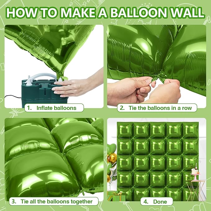 NISOCY 25PCS Olive Green Square Foil Balloons Wall Backdrop Double Sided Dark Green Balloon Arch Kit for Birthday St. Patrick's Day Spring Summer Jungle Christmas Theme Party Decoration