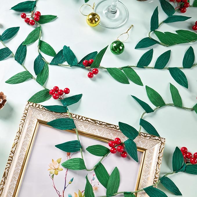 Christmas Banner Garlands 2 Pcs, with Handcrafted Paper Leaves and Decorative Red Berries, Paper Greenery Garland Banner for Xmas Indoor Home Office Decorations