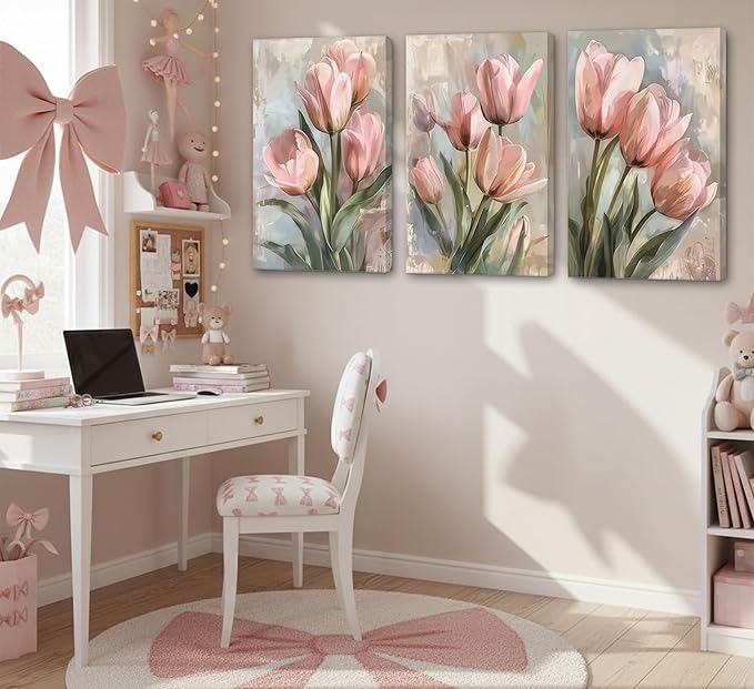 3 Pcs Vintage Pink Tulips Flowers Canvas Wall Art Retro Spring Pink and Green Floral Botanical Paintings Pictures Wall Decor Poster Print Artwork for Living Room Bedroom Home Decoration