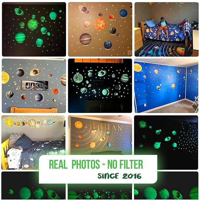 Glow in The Dark Planets, Bright Solar System Wall Stickers -Sun Earth Mars and so on,9 Glowing Ceiling Decals for Bedroom Living Room,Shining Space Decoration for Kids for Girls and Boys