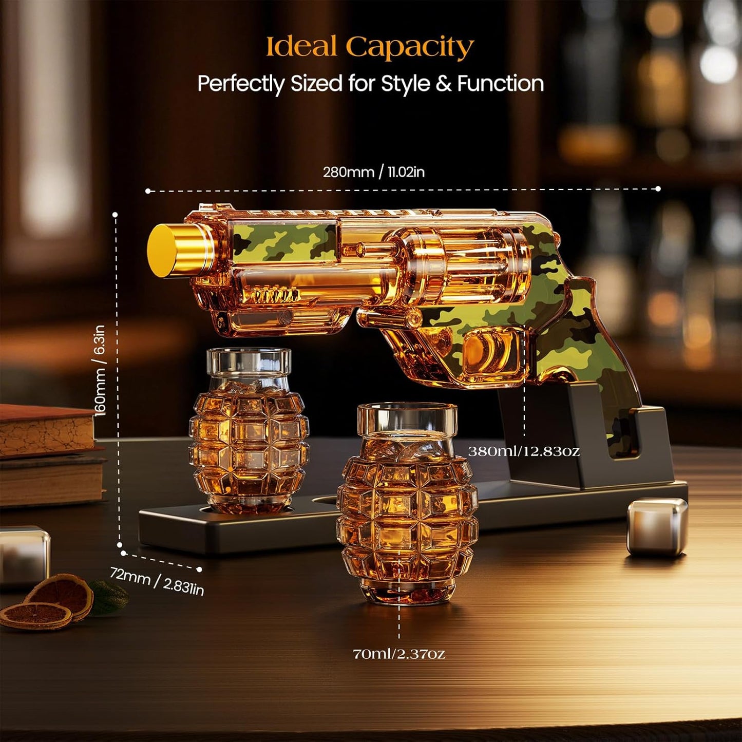 Kollea Camouflage Whiskey Decanter Sets with Grenade Shot Glasses, Anniversary Birthday Gifts for Him, Holiday Gifts for Father, Brother, Husband, Boyfriend, Military Present, Bar Drinking, 12.8 oz