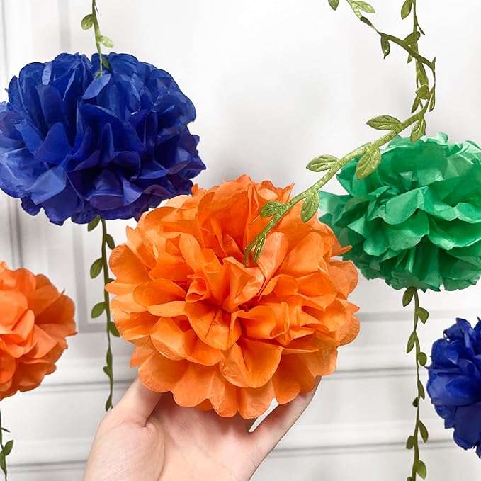 Rainbow Party Decorations Colorful Tissue Paper Flowers Pom Pom with Leaf Ribbon Hanging Garland Streamer for Multi-color Birthday Baby Shower Wedding Carnival Clown Fiesta Festival Party Supplies