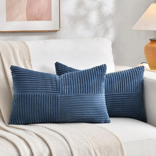 Fancy Homi 2 Packs Dusty Blue Long Lumbar Decorative Throw Pillow Covers 16x24 Inch for Couch Bed Sofa, Rustic Farmhouse Boho Home Decor, Soft Striped Corduroy Rectangle Accent Cushion Case 40x60 cm