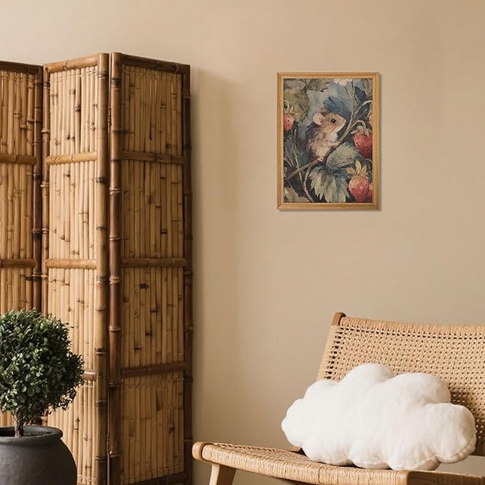 3D Textured Framed Vintage Mouse Wall Art, Whimsical Cottagecore Animal Wall Decor Painting, Rustic Farmhouse Forest Sandstone Artwork Picture for Nursery Living Room Bedroom 12x16 Inch