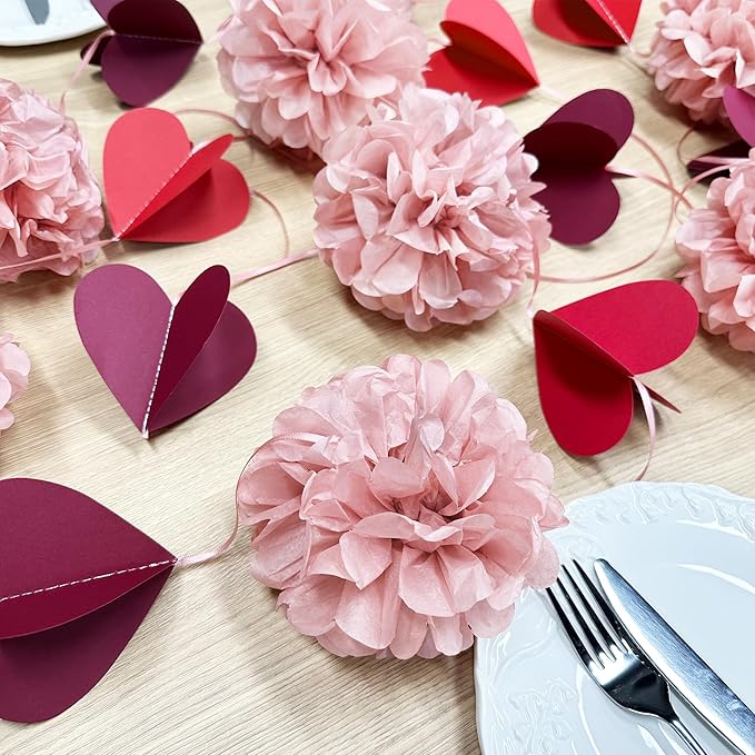 Dusty Rose Pink Party Decoration Tissue Flowers Pom Pom with Burgundy Red 3D Heart Hanging Paper Garland Banner Streamer for Valentines Day Birthday Baby Shower Wedding Bridal Shower Party Supplies