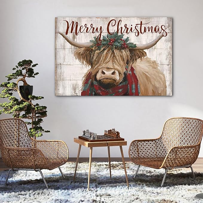 Merry Christmas Wall Art Farmhouse Highland Cow Pictures Wall Decor for Living Room Rustic Country Farm Animal Canvas Prints Vintage Christmas Artwork for Kitchen Dining Room Home Decorations 32x48"