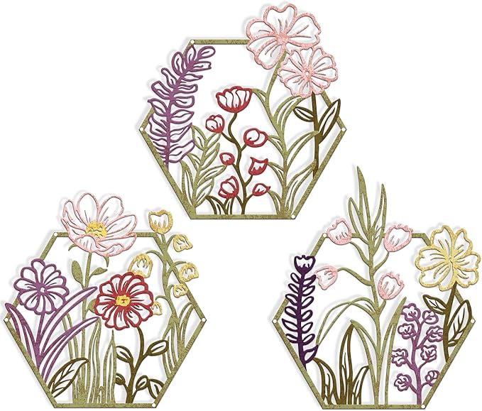 CarryWise 3 Piece Metal Flower Wall Art for Bedroom Living Room Rustic Farmhouse Floral Wall Decor for Bathroom Dining Room Boho Home Decorations Modern Minimalism Hanging Sculptures Polygon