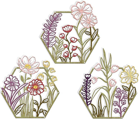 CarryWise 3 Piece Metal Flower Wall Art for Bedroom Living Room Rustic Farmhouse Floral Wall Decor for Bathroom Dining Room Boho Home Decorations Modern Minimalism Hanging Sculptures Polygon