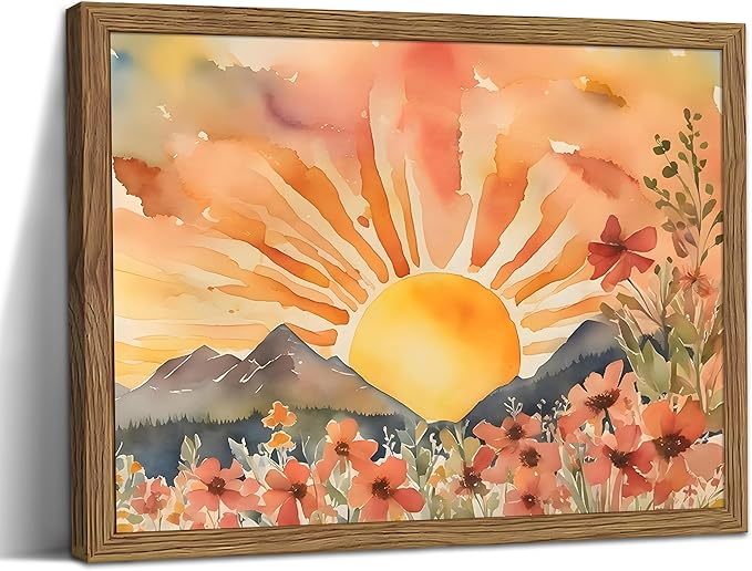 Framed Sunset Boho Wall Art for Living Room - Modern Abstract Floral Canvas Picture Boho Wall Decor, Sun Landscape Aesthetic Painting Poster Prints for Bedroom Home Office 16x24 inch