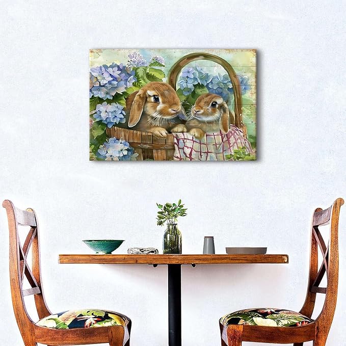 Farmhouse Bunny Wall Art Rabbit Pictures Easter Wall Decor for Bedroom Funny Bunny Canvas Painting Blue Flowers Poster Vintage Wood Grain Prints Artwork Kitchen Living Room Home Decoration 16x24"
