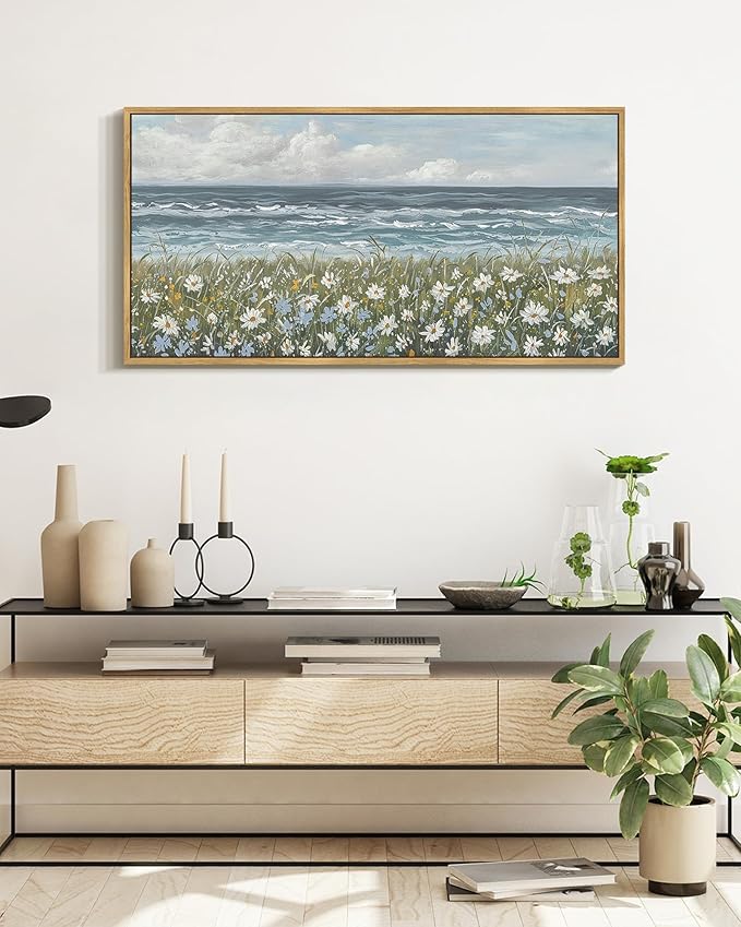 SHENIFY Vintage Landscape Framed Wall Art Sea Coastal Wildflower Field Scenery Farmhouse Decor Retro Painting for Bedroom Living Room Ready to Hang Wall Artwork - 20x40in Natural Framed