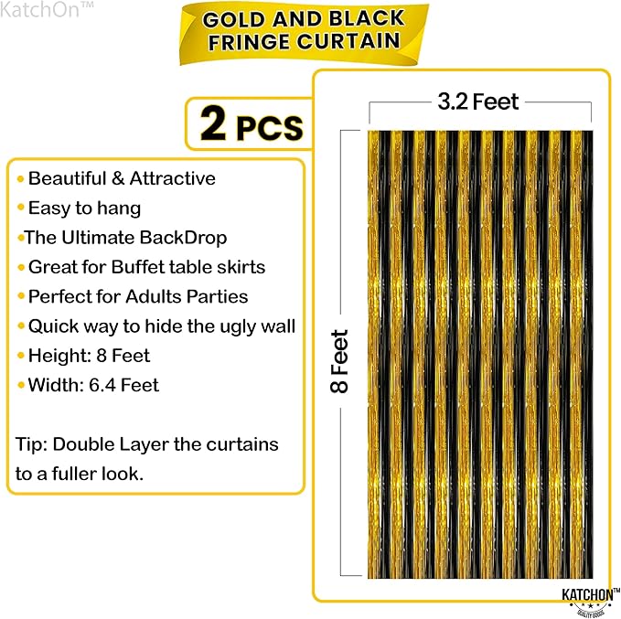 KatchOn, XtraLarge Black and Gold Streamers - 3.2x8 Feet, Pack of 2 | Fringe Curtain for Graduation Decorations 2026, Birthday, Anniversary | Black and Gold Graduation Party Decorations 2026