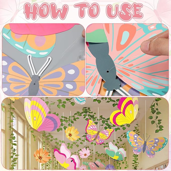 30 Pcs Spring Decorations for Classroom Spring Ceiling Hanging Decorations Kit with 20 Butterfly Bloom Flower and 10 Green Radish Garland for Party Wall Office Classroom School Decor