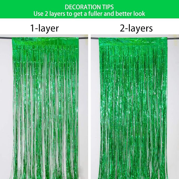 St Patricks Day Decorations Green Fringe Curtain Backdrop 3 Pack 3.2 x 8.2 ft Foil Party Decorations for Birthday, Baby Shower & Graduation – Melsan