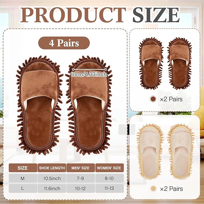 Jecery 4 Pair Washable Microfiber Mop Slippers Detachable Dusting Shoes for Floor Cleaning, Office & Home Use Suitable for Women & Men(Brown, Beige,M Size)