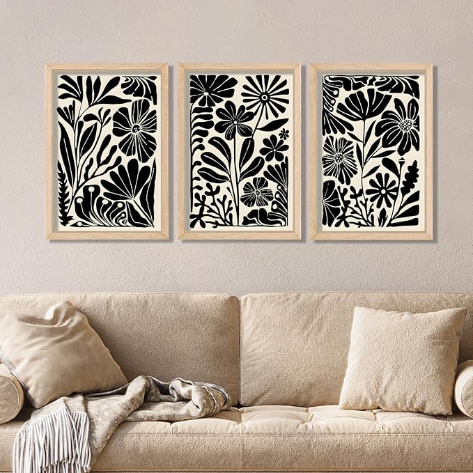 YWJKWLGS Black and White Abstract Floral Botanical Wall Art, 3 piece, 16x24 Inch, Vintage Boho Plant Flower Minimalist, Mid Century Print sign Frame for Bedroom Living Room Office (Wood)