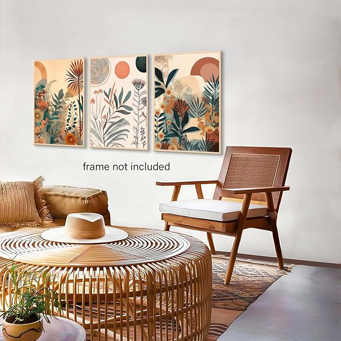 LYPHNX Boho Burnt Orange Botanical Floral Canvas Wall Art Abstract Terracotta Jungle Poster Pictures Set of 3 Flower Prints Painting Home Decor for Bathroom Bedroom Living Room 16"x24" Unframed
