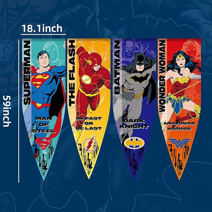Superhero Banner Flag 4PC, 18"x59" Super Hero Backdrop Birthday Decorations, Superhero Pennant Flags for Party Room Wall Decor