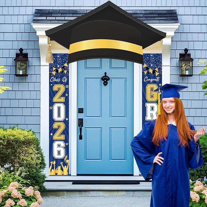 3Pcs Graduation Cap Door Banner 2026 Graduation Door Decoration Class of 2026 Porch Sign Congrat Grad Hanging Banner Decor Grad Party Indoor Outdoor Wall Decor Photo Prop Supplies Blue Gold