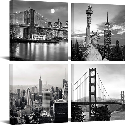 LevvArts Black and White City Wall Art Modern Brooklyn Bridge Picture Prints US Cityscape Canvas Artwork for Bedroom Home Decor