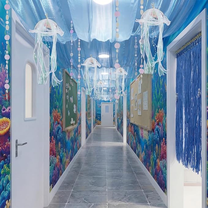 1.97 x 9.83 ft 11 Pcs Ocean Classroom Ceiling Decoration Kit Summer Under The Sea Beach Classroom Decoration Coastal with 3 Blue Organza and 4 Jellyfish 4 White Disc for Party Office School