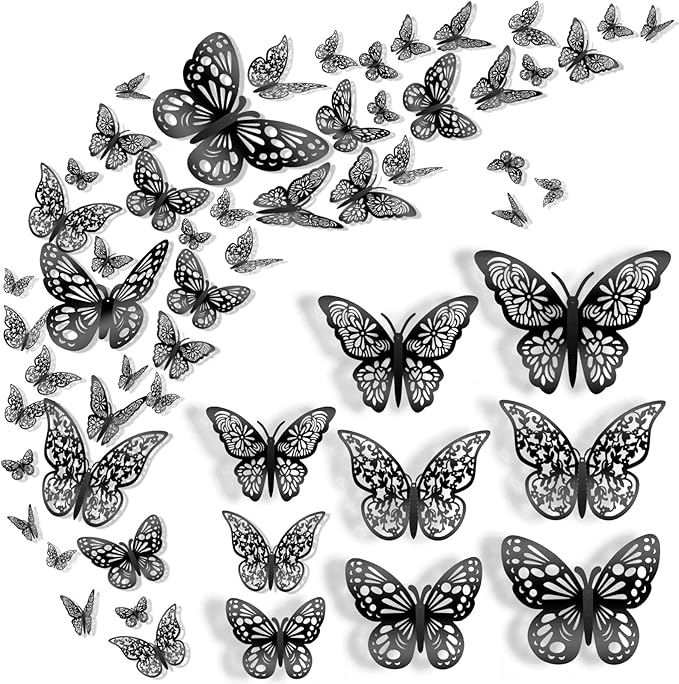 72 Pcs 3D Butterfly Wall Decor - 3 Styles, 3 Sizes, Black, Wedding & Birthday Party Decorations, Girls Bedroom Decoration