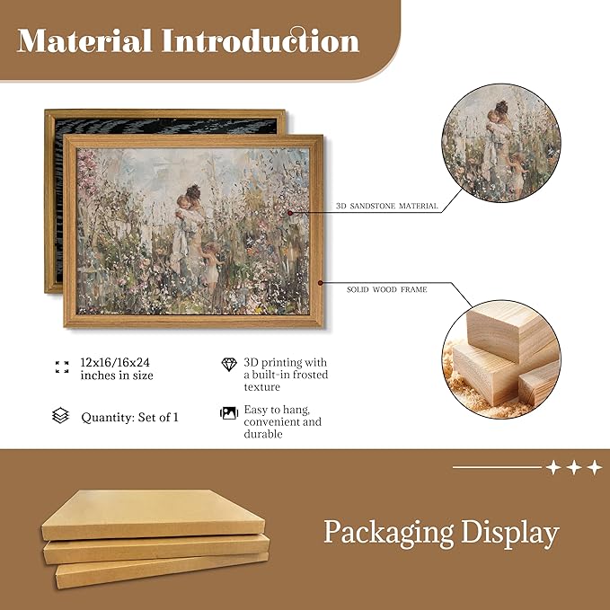 3D Textured Vintage Cottagecore Wall Art, Mom Holding Baby In Wildflowers Wall Decor Painting, Impressionist Sandstone Artwork Picture for Mother’s Day Gift Nursery Bedroom 12x16 Inch Framed