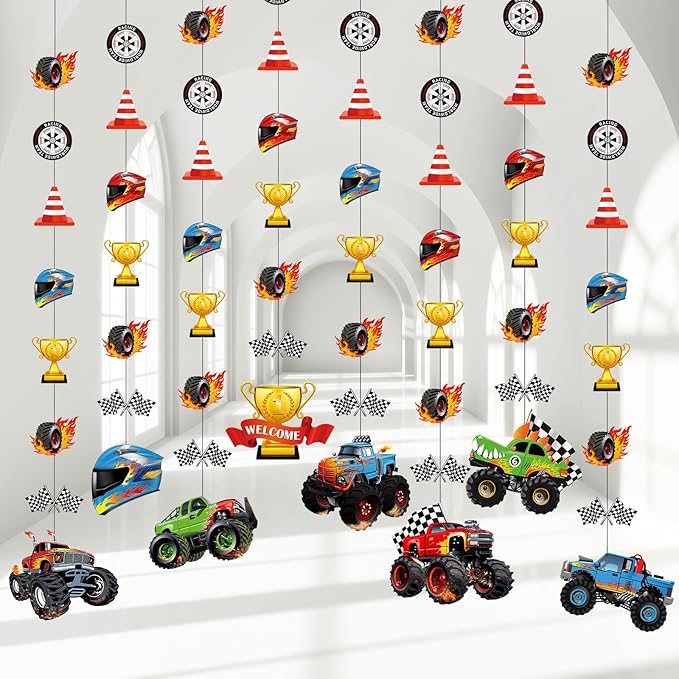 8 Pcs Truck Party Decorations Monster Truck Hanging Garlands Streamer Cutouts Race Car Theme Birthday Banner Backdrop for Boy Car Baby Shower Party Supplies Home Wall Ceiling Decor