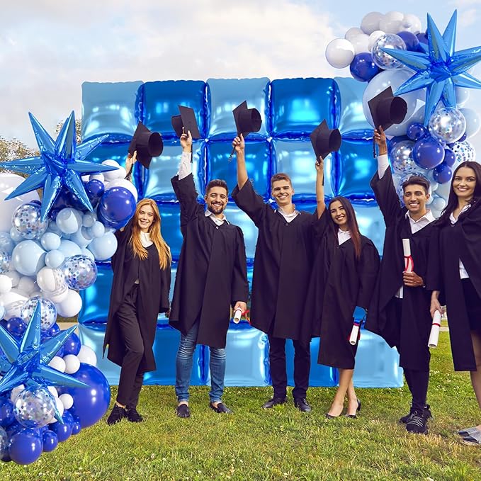25pcs Royal & Light Blue Foil Square Balloon Wall with 149pcs White and Blue Confetti Balloons Arch Kit, Double Sided Balloon Tunnel with Star Balloons for Birthday, Class of Graduation Backdrop