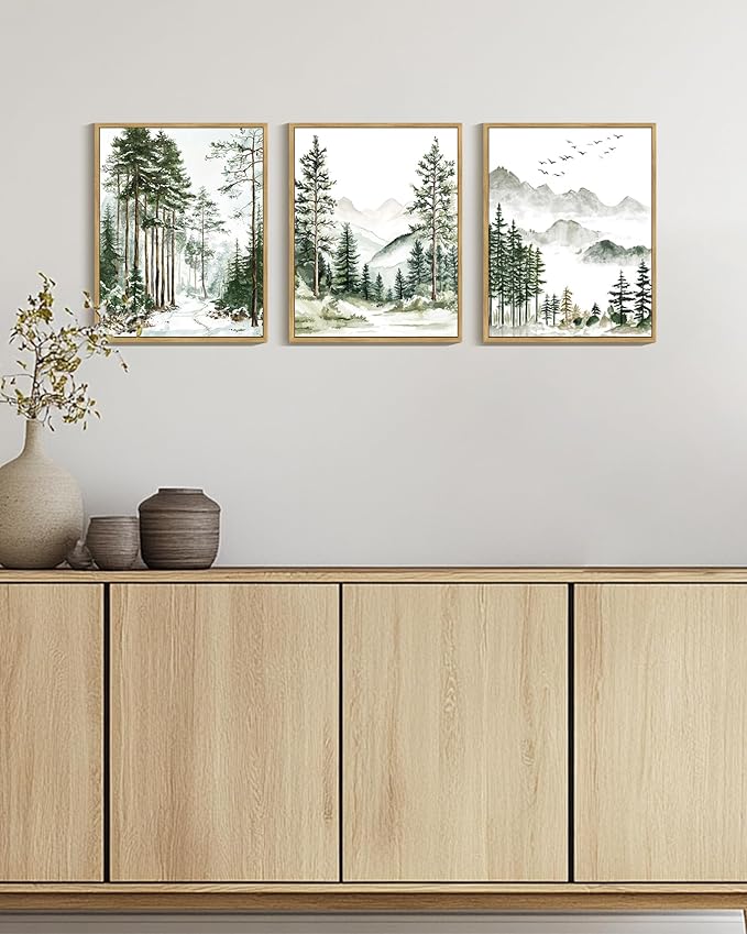Drsoum Green Tree Forest Mountain Framed Wall Art Nature Landscape Prints Morden Wilderness Artwork Hallway Bedroom Ready to Hang 11x14in Natural Framed