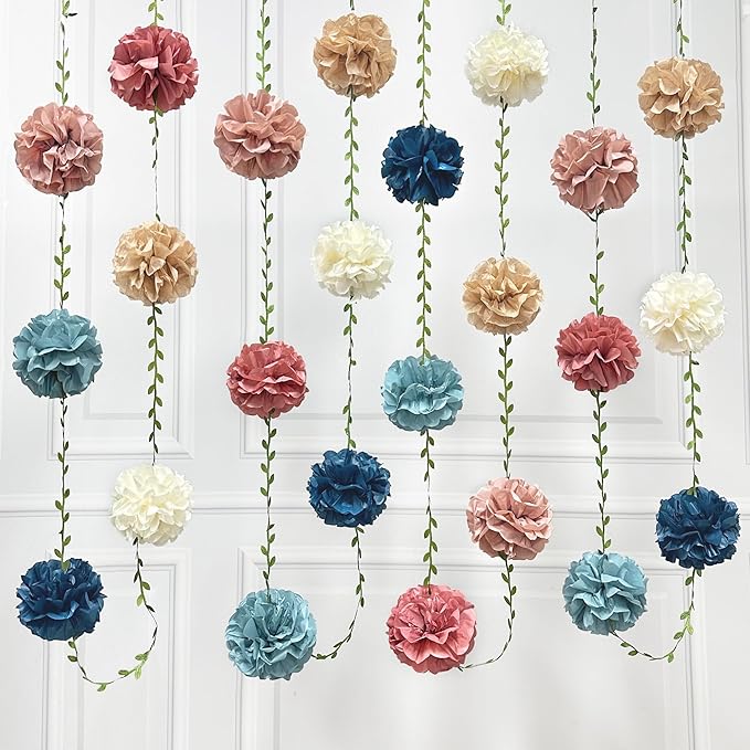 Dusty Rose Pink Blue Khaki Beige Tissue Paper Flowers Pom Pom with Leaf Ribbon Hanging Garland Streamer for Gender Reveal Baby Shower He or She Boy or Girl Vintage Themed Party Decorations Supplies
