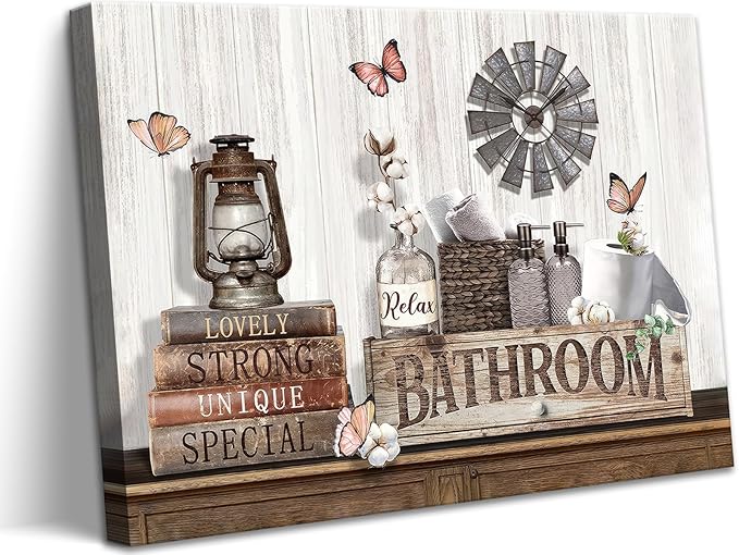 Farmhouse Bathroom Wall Art Rustic Cotton Flower Butterfly Painting Country Bathroom Picture Wall Decor Modern Country Relax Sign Prints Rustic Farmhouse Inspirational Print Artwork Home Decor 12x16"