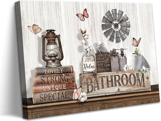 Rustic Bathroom Wall Art Country Bathroom Pictures Wall Decor Farmhouse Cotton Flower Butterfly Painting Brown Theme Country Bath Prints Rustic Farmhouse Inspirational Prints Artwork Home Decor 16x24"