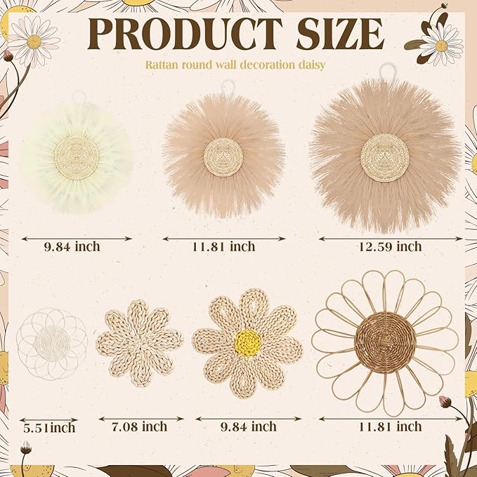 Chunful 7 Pcs Boho Wall Basket Decor Rattan Flower Wall Decor Nursery Daisy Flower Woven Macrame Hanging Flowers for Baby Kids Girls Farmhouse Bedrooms Living Rooms Kitchen Home(Light Beige Yellow)