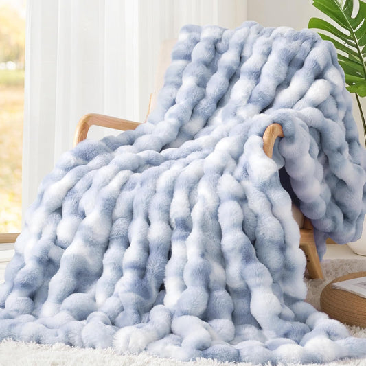 Touchat Luxury 1000GSM Faux Rabbit Fur Throw Blanket, Super Heavy Warm Cozy Grey Blankets for Couch Bed Sofa, Ruched Plush Fuzzy Elegant Soft Reversible Mink Blanket for Living Room Bedroom, Blue