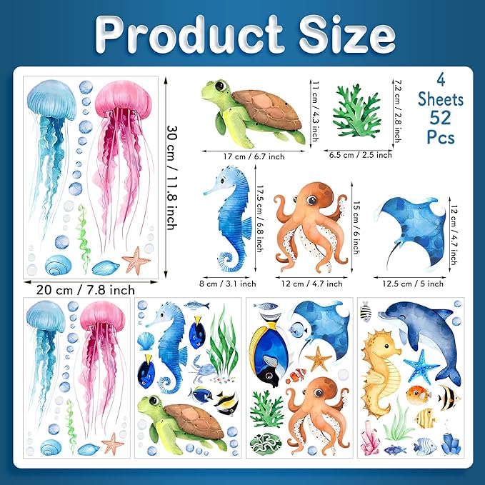 Ocean Sea Animals Wall Decals Stickers, 4Sheets 52Pcs Under The Sea Wall Stickers Fish Turtle Jellyfish Ocean Creature Decals for Kids Bedroom Bathroom Nursery Decor