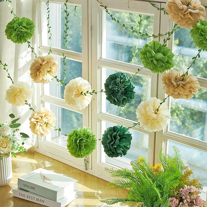 Paper Flower Garland, Saga Green, Light Beige and Cream Color Tissue Paper Flowers Party Decorations, Paper Flowers for Baby Shower, Garden Party, Wedding, Wall Decor, Spring Summer Decor