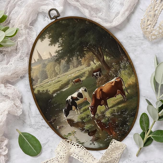 Gnmduw Vintage Cow Landscape Oval Wall Art Framed, Rustic Farmhouse Cow Scene Canvas Prints Hanging Decor, Cottage Rustic Farm Animal Wall Decor for Barn Cabin Bedroom Living Room, 8.7x11.3 Inch