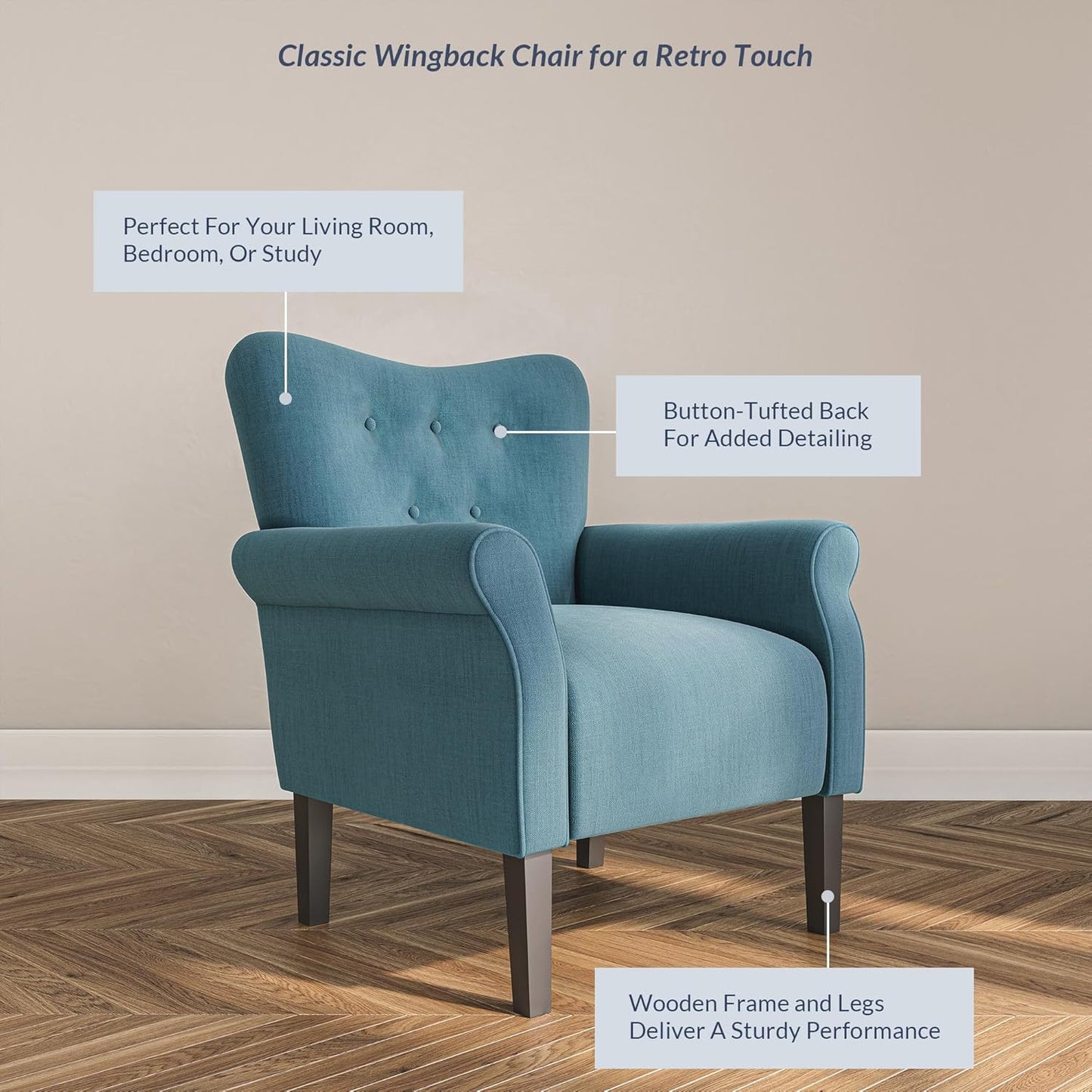 BELLEZE Modern Accent Chair, High Back Armchair, Upholstered Wingback Side Chair, Padded Single Sofa with Wooden Legs for Living Room, Bedroom - Baby Blue