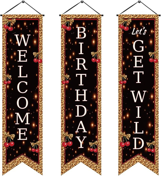 3 Pcs Party Decorations Banners Porch Sign Hanging Flags Photo Props Backdrop Supplies for Outdoor Door Wall Yard Birthday Baby Shower (Cheetah Cherry)