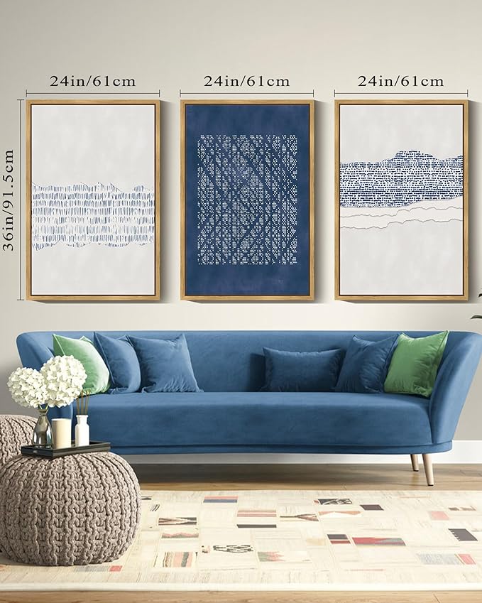 Drsoum Blue Abstract Boho Framed Wall Art Large 24x36in Minimalist Mid-Century Modern Wall Decor Geometric Artwork Kitchen Dining Room Black Framed