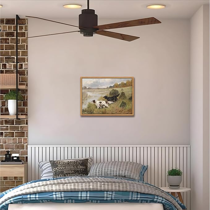 Floating Framed Vintage Hunting Dog Wall Art, Classic Countryside Landscape Canvas Print, English Setter and Gordon Setter Painting, Rustic Farmhouse Wall Decor for Living Room Study Office 16x24 inch
