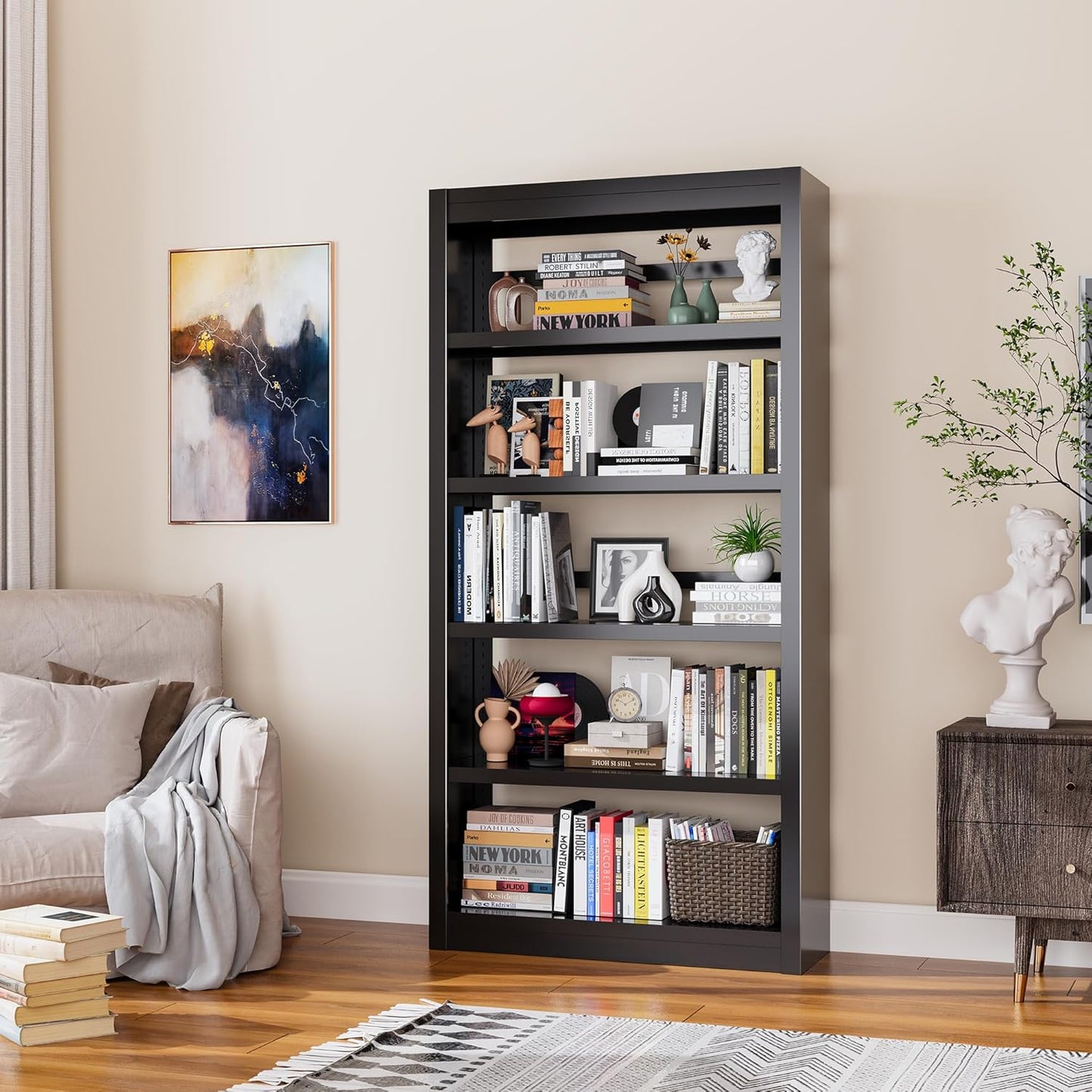 Bookcase, 5-Shelf Industrial Bookshelf, Large Storage Space, Adjustable Bookshelves, Perfect for Living Room, Home Office, Garage, Ideal for Home Office Upgrade
