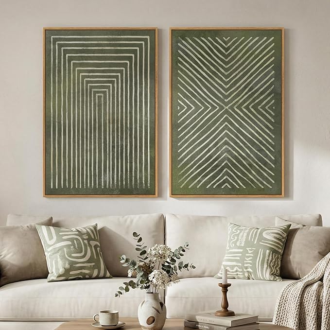 Large Framed Green Abstract Wall Art, 2 Piece Modern Canvas Prints Paintings, Minimalist Sage Green Geometric Pictures for Living Room Dining Room Bedroom Office Hallway Lounge Wall Decor 24x36 In