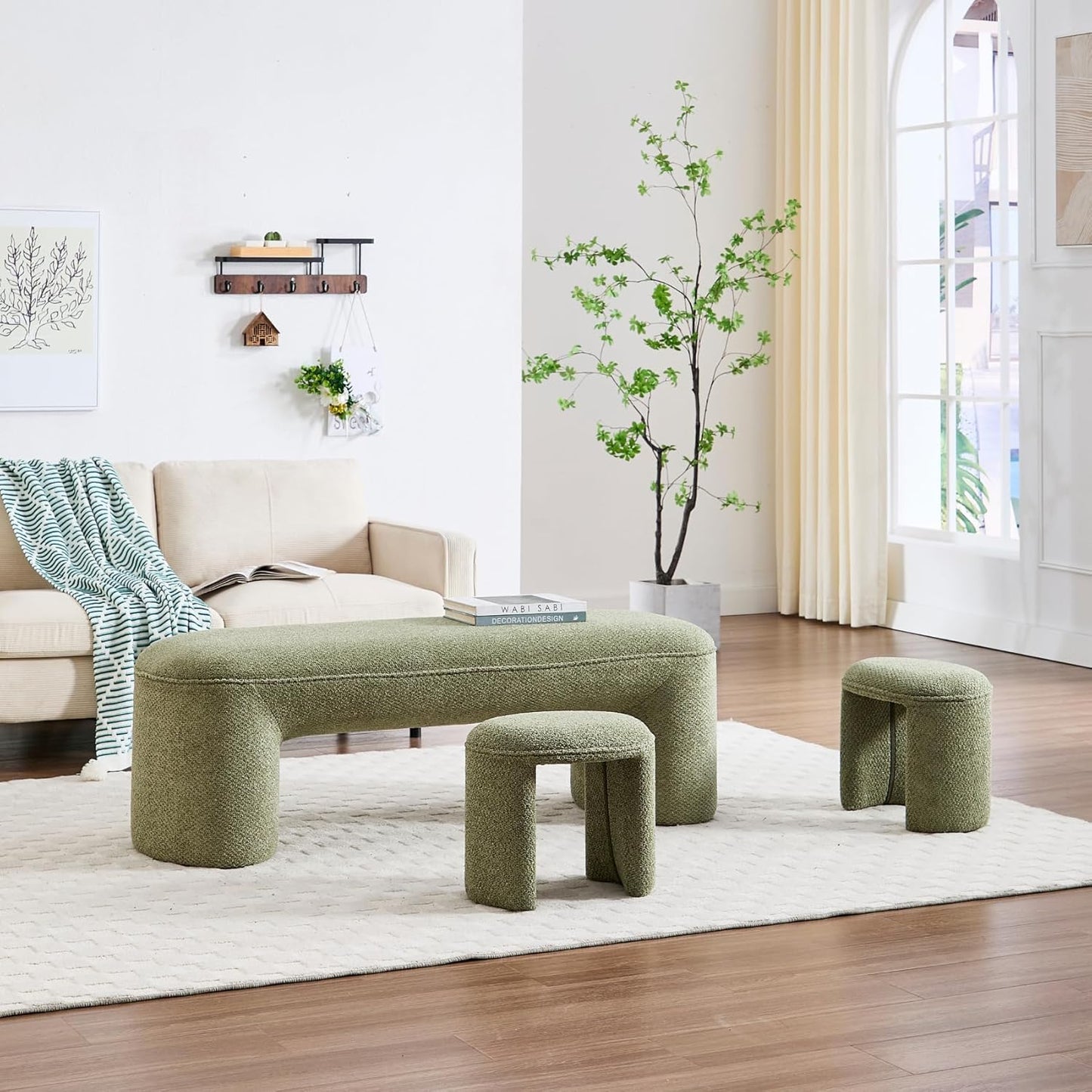3-Piece 53" Comfy Upholstered Dining Bench with 2 Ottomans, Accent Waterfall Bench Modern End of Bed Entryway Bench Vanity Stool, Green Chenille