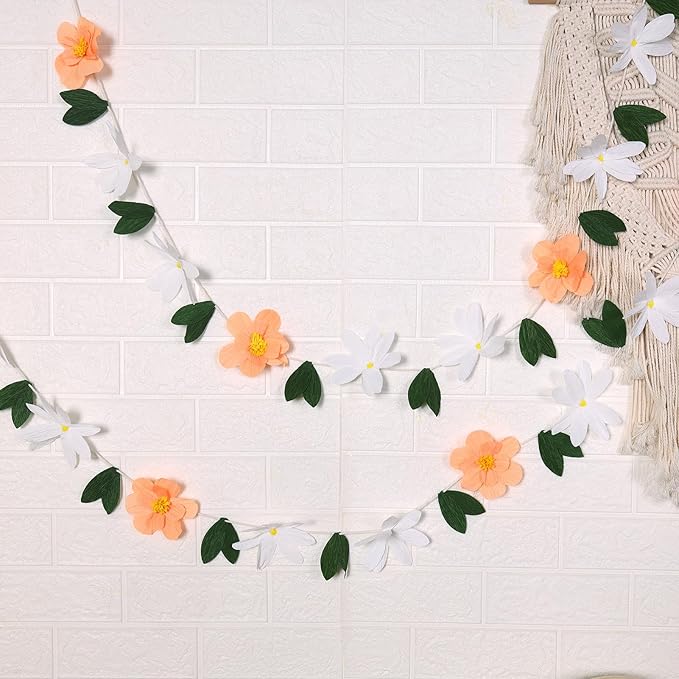 2Pcs Crepe Paper Flower Garlands, Handcrafted Hanging Flower Garland, Spring Flower Party Banners for Nursery Birthday Baby Shower Wedding Backdrop Decorations Supplies
