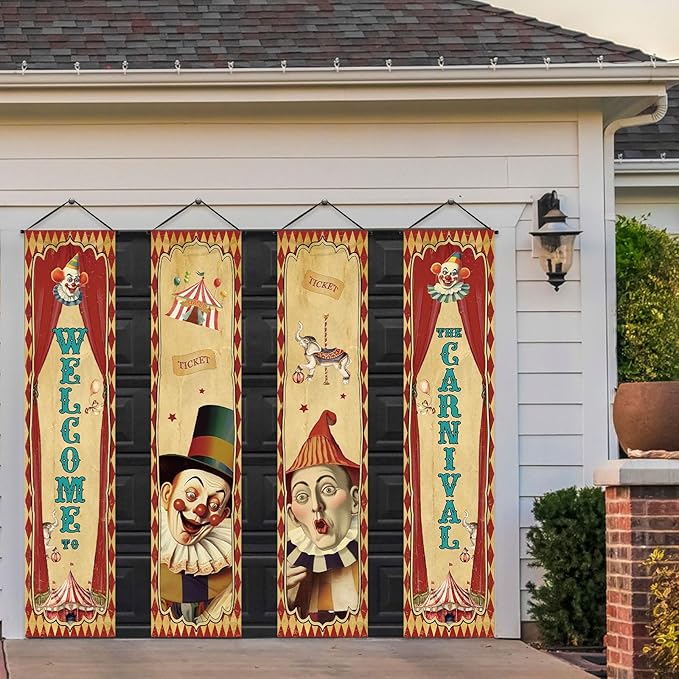 Tiamon 4 Pcs Vintage Christmas Halloween Carnival Porch Banners Retro Santa Clown Stretching Portraits Wall Decorations Gothic Porch Sign Backdrop for Xmas Indoor Outdoor Hanging Decor (Large Circus)