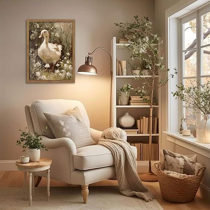 Framed Goose Wall Art, Rustic Vintage Floral Animal Oil Painting, Retro Farmhouse Country Pictures Artwork, Cottagecore Canvas Prints Wall Decor for Living Room Bedroom Farm – 12x16 inch